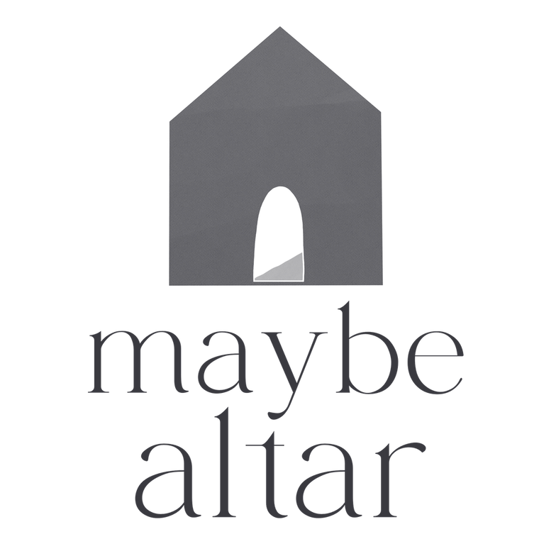 Logo, an illustration of a simple dark gray house with an open door with the name 'maybe altar' underneath.